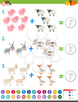 Cartoon Illustration of Educational Mathematical Addition Activity Game for Children with Cute Farm Animal Characters