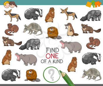 Cartoon Illustration of Find One of a Kind Educational Activity for Children with Wild Animal Characters