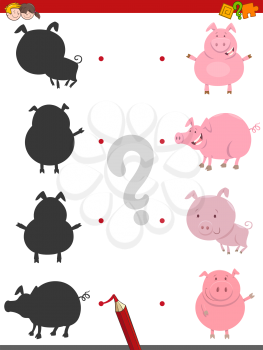 Cartoon Illustration of Find the Shadow Educational Game for Children with Pig Farm Animal Characters