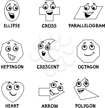 Black and White Cartoon Illustration of Basic Geometric Shapes Funny Characters for Kids Coloring Book