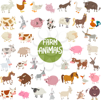 Cartoon Illustration of Cute Farm Animal Characters Huge Set