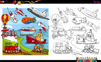 Cartoon Illustration of Transport Vehicle Characters Group Coloring Page Activity