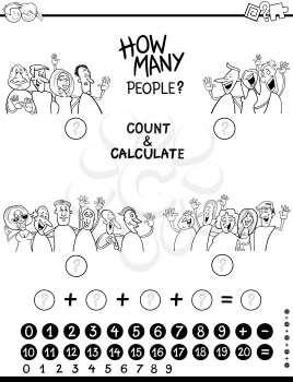 Black and White Cartoon Illustration of Educational Counting and Addition Game for Children Coloring Page