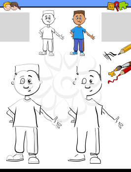 Cartoon Illustration of Drawing and Coloring Educational Activity for Preschool with Boy Character