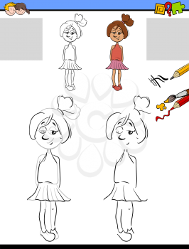 Cartoon Illustration of Drawing and Coloring Educational Activity for Preschool with Girl Character