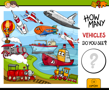 Black and White Cartoon Illustration of Educational Counting Activity for Children with Vehicle Characters Group
