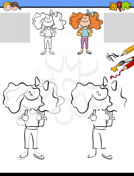 Cartoon Illustration of Drawing and Coloring Educational Activity for Children with Elementary Age Girl Character