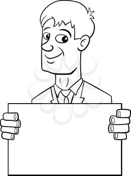 Black and White Cartoon Illustration of Man or Businessman Character with Blank Board or Card