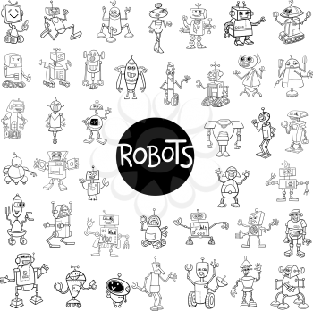 Black and White Cartoon Illustration of Robots Fantasy Characters Huge Set