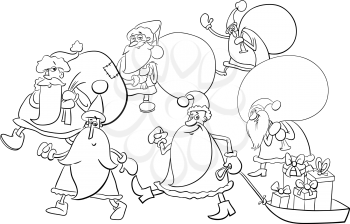 Black and White Cartoon Illustration of Santa Claus Characters Group on Christmas Time Coloring Book