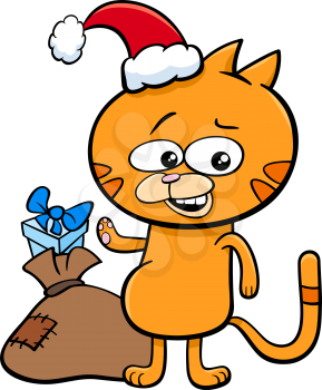 Cartoon Illustration of Cat or Kitten Animal Character with Sack of Presents on Christmas Time