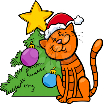 Cartoon Illustration of Cat Animal Character with Christmas Tree