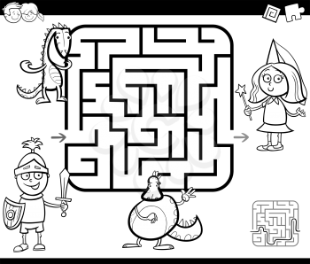 Black and White Cartoon Illustration of Education Maze or Labyrinth Game for Children with Fantasy Characters Coloring Page