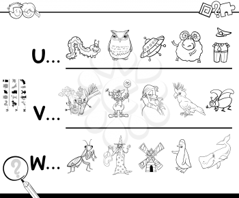 Black and White Cartoon Illustration of Searching Pictures Starting with Referred Letter Educational Game for Children Coloring Book