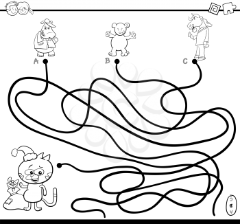 Black and White Cartoon Illustration of Paths or Maze Puzzle Activity Game with Animal Characters on Christmas Time Coloring Page