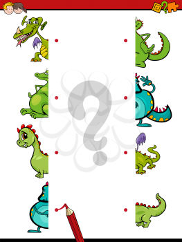 Cartoon Illustration of Educational Game of Matching Halves with Fantasy Dragons or Monster Characters