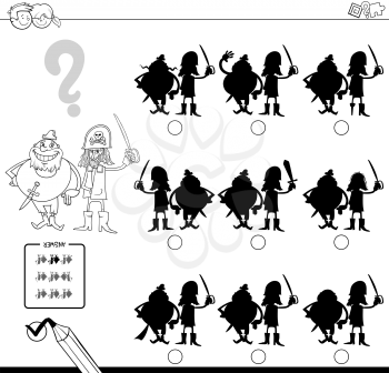 Black and White Cartoon Illustration of Finding the Shadow without Differences Educational Activity for Children with Two Pirates Characters Coloring Book