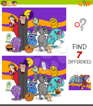 Cartoon Illustration of Finding Seven Differences Between Pictures Educational Game for Children with Scary Halloween Characters