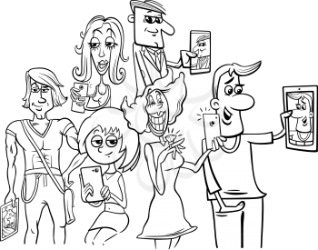 Black and White Cartoon Illustration of People Group with Smart Phones Doing Selfie Photos