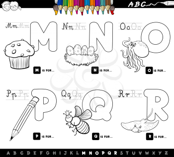 Black and White Cartoon Illustration of Capital Letters Alphabet Educational Set for Reading and Writing Learning for Children from M to R Coloring Book