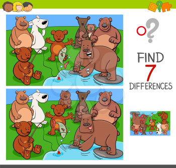 Cartoon Illustration of Finding Seven Differences Between Pictures Educational Activity Game for Kids with Bears Animal Characters Group