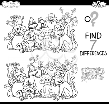 Black and White Cartoon Illustration of Finding Seven Differences Between Pictures Educational Activity Game for Kids with Monkeys Animal Characters Group Coloring Book