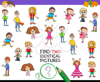 Cartoon Illustration of Finding Two Identical Pictures Educational Game for Kids with Children Characters