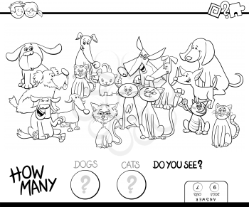 Black and White Cartoon Illustration of Educational Counting Game for Children with Cats and Dogs Pet Animals Funny Characters Group Coloring Book