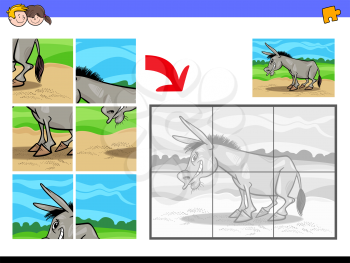 Cartoon Illustration of Educational Jigsaw Puzzle Activity Game for Children with Donkey Farm Animal Character