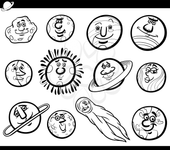 Black and White Cartoon Illustration of Funny Orbs and Planets from Solar System Space Comic Characters Coloring Book