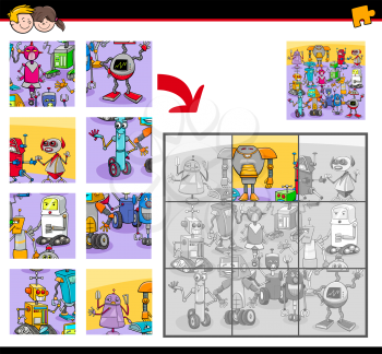 Cartoon Illustration of Educational Jigsaw Puzzle Activity Game for Children with Robots Fantasy Characters