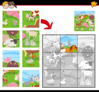 Cartoon Illustration of Educational Jigsaw Puzzle Activity Game for Children with Farm Animal Characters Group