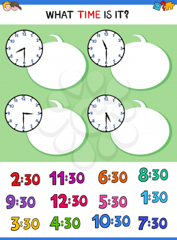 Cartoon Illustrations of Telling Time Educational Workbook with Clock Face for Children