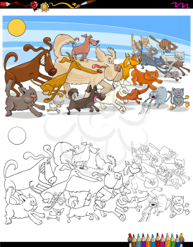 Cartoon Illustration of Running Cats and Dogs Animal Characters Group Coloring Book Activity
