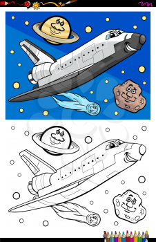 Cartoon Illustration of Funny Space Shuttle in Cosmos Coloring Book Activity