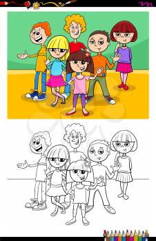 Cartoon Illustration of Children and Teens Characters Group Coloring Book Activity