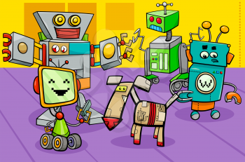 Cartoon Illustration of Funny Robots Fantasy Characters Group