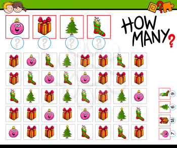 Cartoon Illustration of Educational How Many Counting Game for Children with Christmas Holiday Objects