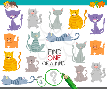 Cartoon Illustration of Find One of a Kind Picture Educational Activity Game with Funny Cats and Kitten Animal Characters