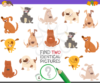 Cartoon Illustration of Finding Two Identical Pictures Educational Activity Game for Children with Happy Dogs and Puppy Characters