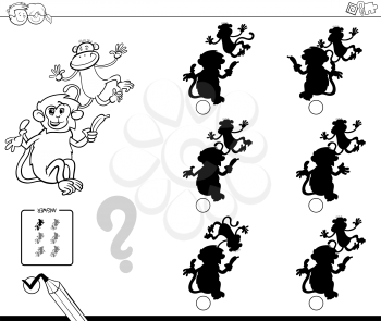 Black and White Cartoon Illustration of Finding the Shadow without Differences Educational Activity for Children with Monkeys Animal Characters Coloring Book