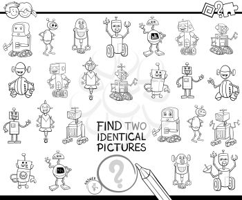 Black and White Cartoon Illustration of Finding Two Identical Pictures Educational Game for Children with Robot Fantasy Characters Coloring Book