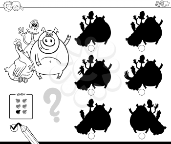 Black and White Cartoon Illustration of Finding the Shadow without Differences Educational Activity for Children with Farm Animal Characters Group Coloring Book
