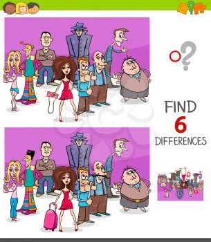 Cartoon Illustration of Finding Six Differences Between Pictures Educational Task for Children with People Characters Group