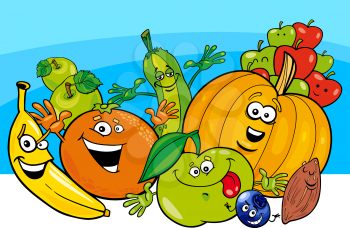 Cartoon Illustration of Funny Fruits and Vegetables Food Characters Group
