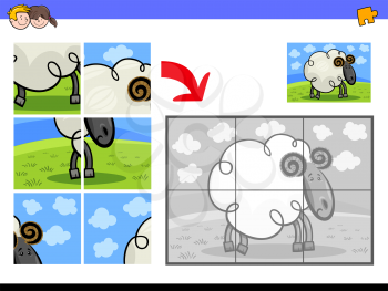 Cartoon Illustration of Educational Jigsaw Puzzle Activity Game for Children with Sheep or Ram Farm Animal Character