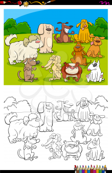 Cartoon Illustration of Funny Dogs Animal Characters Group on the Meadow Coloring Book Activity