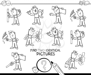 Black and White Cartoon Illustration of Finding Two Identical Pictures Educational Game for Childen with Funny Workers and Builders at Work Coloring Book