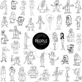 Black and White Cartoon Illustration of Women and Men People Characters Big Set