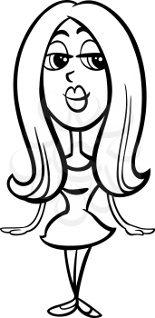 Black and White Cartoon Illustration of Beautiful Young Woman or Girl Character
